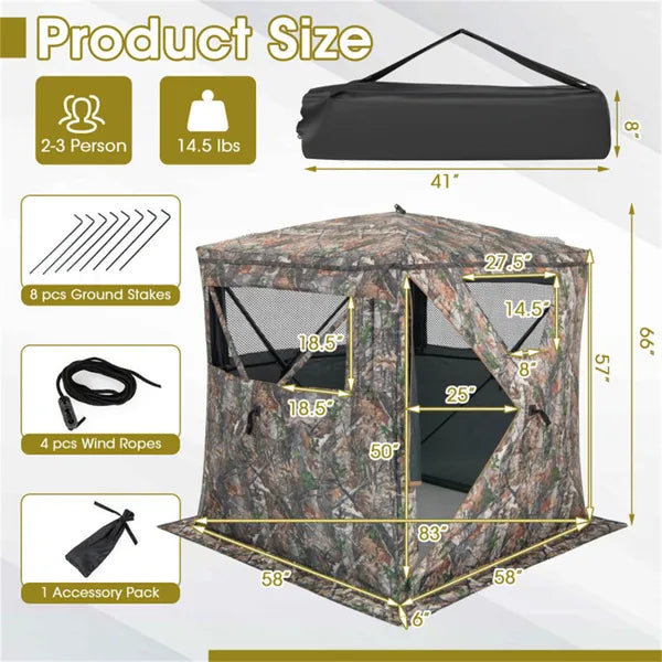 Stealth Hunting Tent With Pop-up Design, 150D Flame-Retardant Blackout Cloth (UV50+ & Waterproof), Fiber Glass Frame