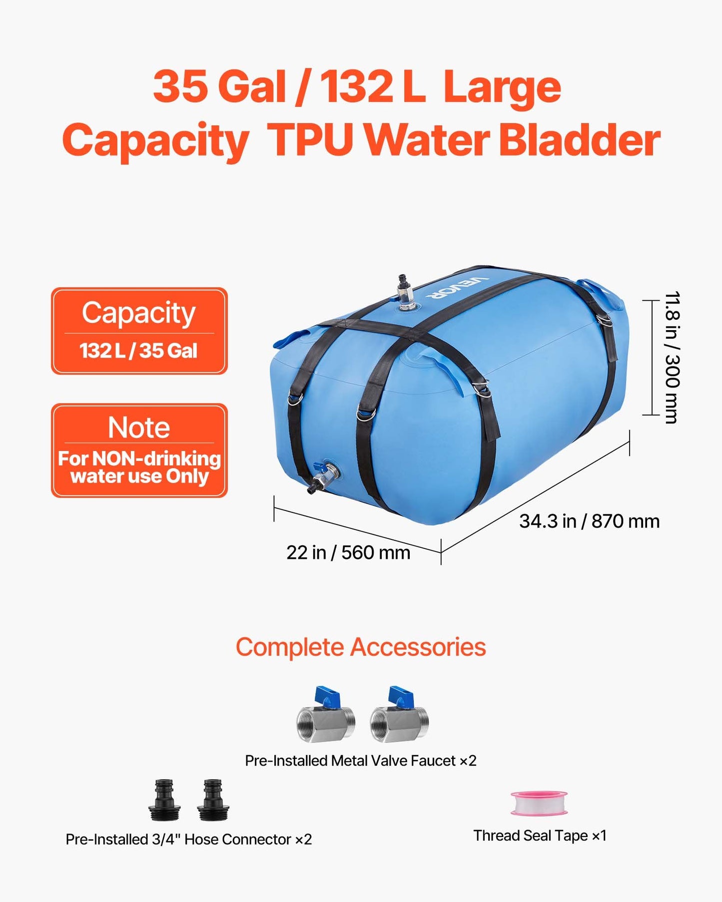 Water Storage Bladder, 35 Gallon Large Capacity TPU Soft Water Bag, Portable & Collapsible Water Storage Containers, Leakproof & Wear-Resistant RV Waters Tank For Camping Irrigation Outdoor Use